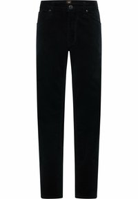 Svarta bomullsshorts med rak benstruktur, med knappstängning och femficksdesign. Slät textur och minimal detaljering.