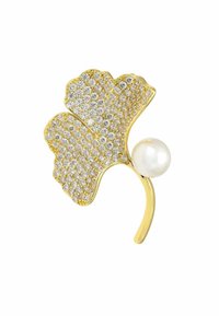 Gold ring featuring a ginkgo leaf design, encrusted with clear stones, and a round white pearl accent. Smooth texture and elegant shape.