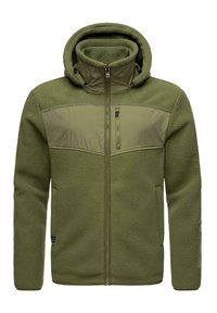 Olivgrüne Fleecejacke mit Kapuze, durchgehendem Reißverschluss und kontrastierender Strukturpanels auf der Brust. Mit Seitentaschen und verstellbaren Manschetten.