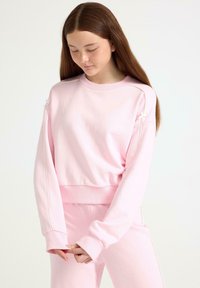 Ljusrosa sweatshirt med långa ärmar, rund halsringning, ribbade muddar och fåll. Har subtila detaljer på axlarna och en mjuk textur.