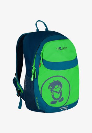 Zaino Trollkids blu e verde con tasca frontale, tasca laterale in rete, logo e grafica del personaggio sul pannello frontale.