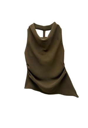 Olive green sleeveless top in soft fabric, featuring a draped neckline and a cutout detail at the back, highlighting its fluid design.
