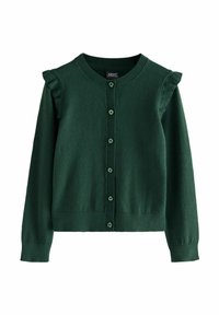 Grüne gestrickte Strickjacke mit rundem Ausschnitt, gerafften Schultern und verschluss durch Knöpfe vorne, versehen mit passenden grünen Knöpfen und gerippten Bündchen.