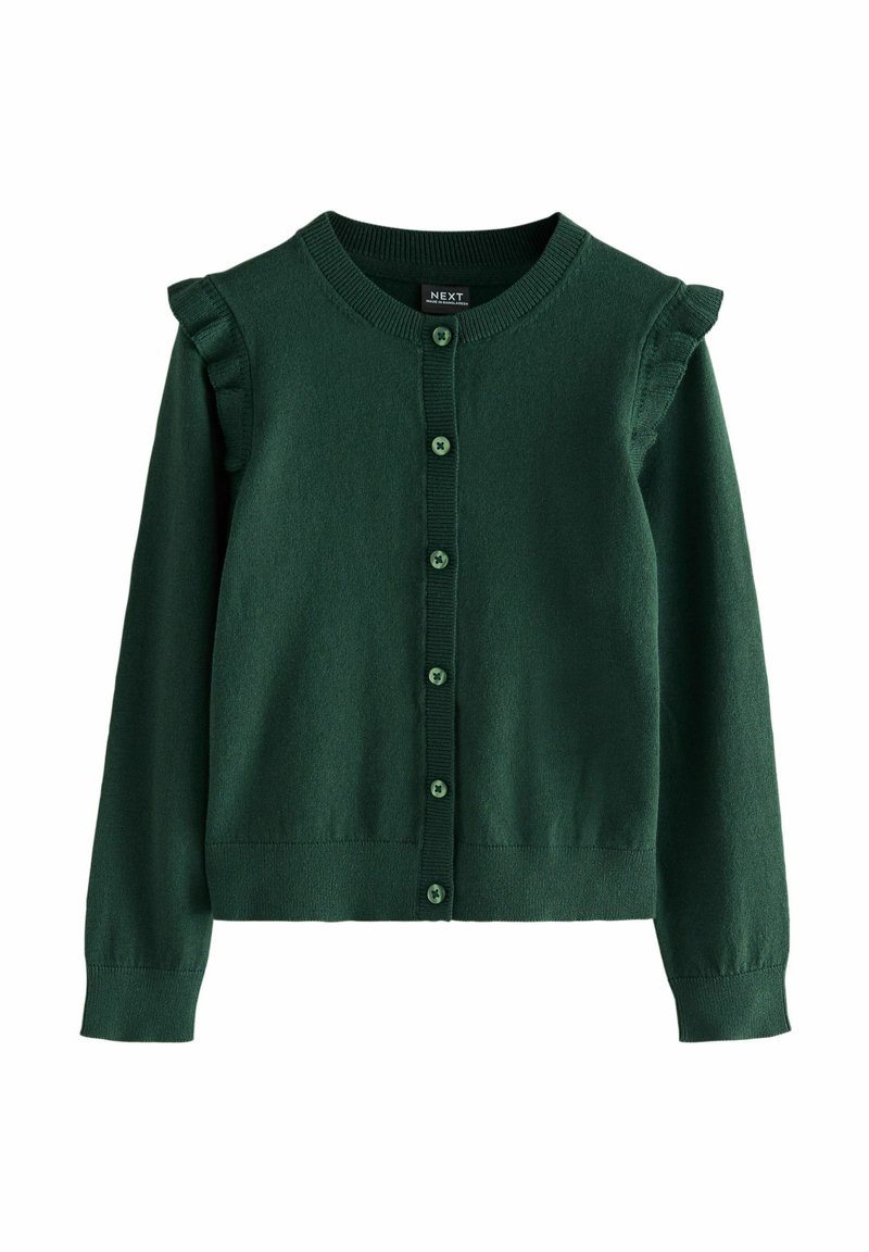 Grüne gestrickte Strickjacke mit rundem Ausschnitt, gerafften Schultern und verschluss durch Knöpfe vorne, versehen mit passenden grünen Knöpfen und gerippten Bündchen.