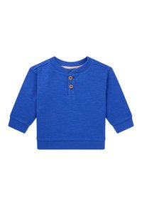 Blauwe trui met lange mouwen en een ronde hals, twee houten knopen bij de hals, en geribbelde manchetten en zoom. Gemaakt van een zachte, gestructureerde stof.