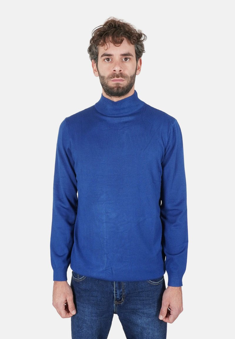 Maglione a collo alto blu realizzato in tessuto liscio, con maniche lunghe e design aderente. Indossato con jeans di denim scuro.