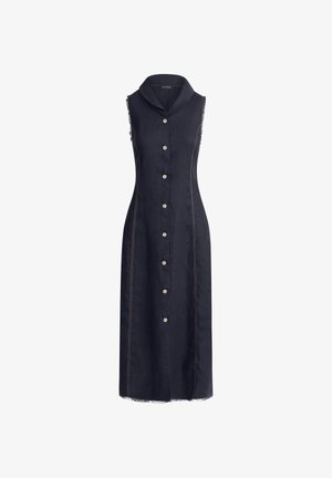 Robe midi noire sans manches avec boutons sur le devant, col montant, taille cintrée, surpiqûres contrastantes et bords effilochés aux emmanchures et à l'ourlet.