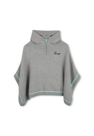 Grijze gebreide poncho met capuchon, ritssluiting aan de voorkant, turkoois afwerking en zwart "Kenzo" logo op de borst.