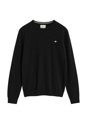 Black knitted sweater with a crew neckline, features a small embroidered logo on the left chest, ribbed cuffs, and hem.