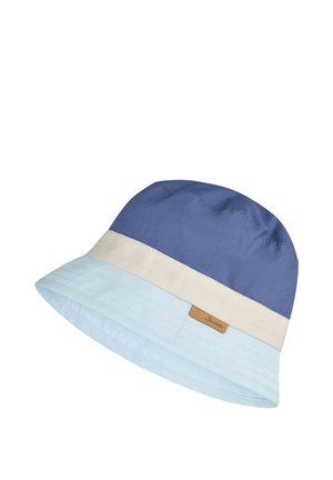 Blauer und hellblauer Anglerhut mit einem beigen Band und einem kleinen braunen Etikett an der Seite.