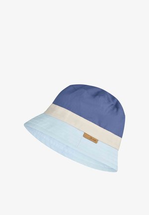 Blue and light blue bucket hat with a beige band and small brown tag on the side.