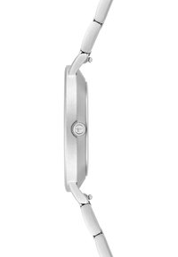 Silberne Uhr mit rundem Gehäuse, strukturiertem Zifferblatt und einem glatten metallischen Band mit polierten Gliedern. Enthält eine kleine runde Krone.