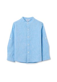 Camisa de manga larga azul claro con cuello smoking, cierre de botones y puños enrollados. Fabricada con una suave tela texturizada.