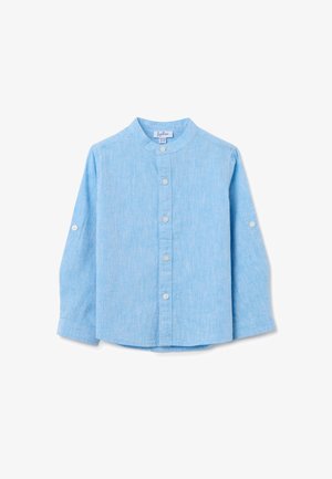 Hellblaues Langarmhemd mit Stehkragen, Knopfverschluss und hochgerollten Ärmeln. Hergestellt aus weichem, strukturiertem Stoff.