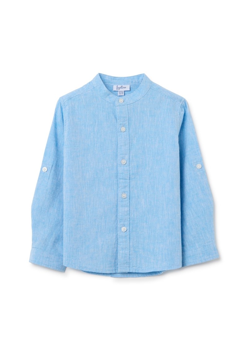 Camisa de manga larga azul claro con cuello smoking, cierre de botones y puños enrollados. Fabricada con una suave tela texturizada.