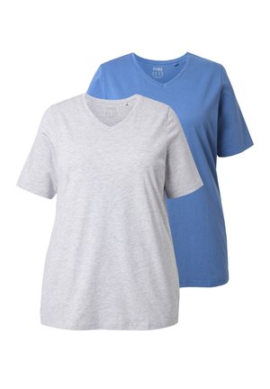 Two V-neck t-shirts: one in light gray and one in blue. Both feature short sleeves and a relaxed fit made from soft cotton material.