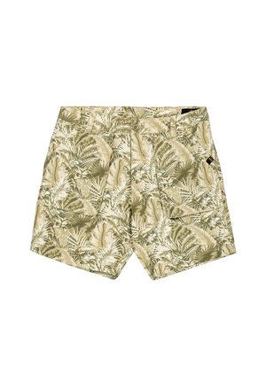 Pantaloni corti beige con un motivo a foglia tropicale verde, dotati di tasche anteriori, chiusura con bottone e design a gamba dritta.