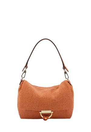 Orange woven handbag with a single black leather strap and gold-tone clasp, shown against a white background.
