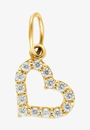 Goldener herzförmiger Anhänger mit klaren, facettierten Edelsteinen entlang des äußeren Randes, der eine kleine Schlaufe zur Befestigung aufweist.