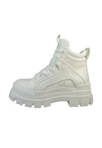 White high-top sneakers with a textured glittery exterior, thick white platform sole, and padded ankle support. Features flat laces and branding detail.