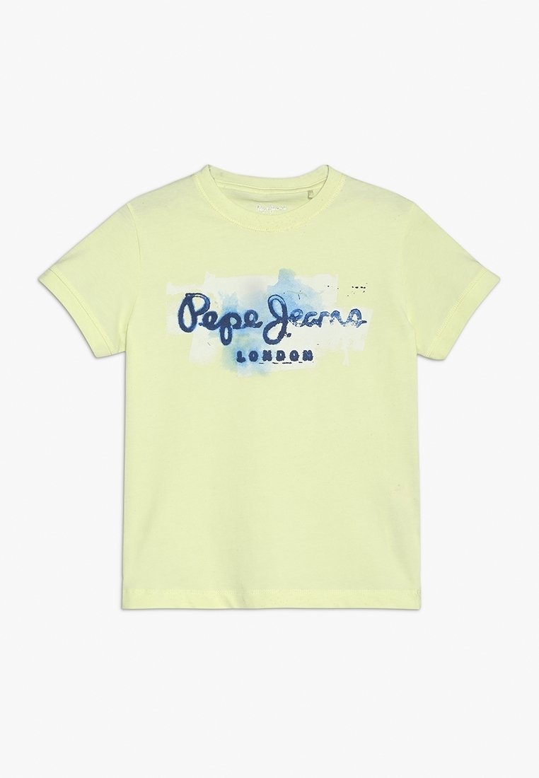 Světlě žluté tričko vyrobené z bavlny, s modrou akvarelovou potiskem a nápisem "Pepe Jeans LONDON" v tučném, stylizovaném písmu.