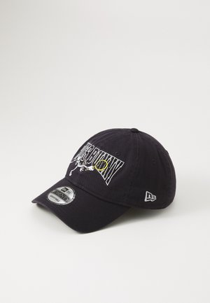 Black cotton baseball cap with a curved brim. Features embroidered graphic design and logo. Soft texture with an adjustable strap at the back.