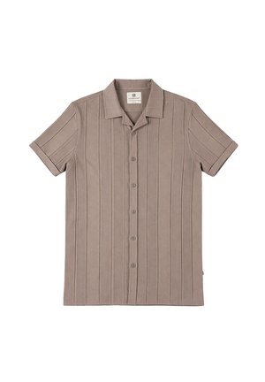 Short-sleeve beige button-up shirt with a folded collar and textured vertical stripes, laid flat on a white background.