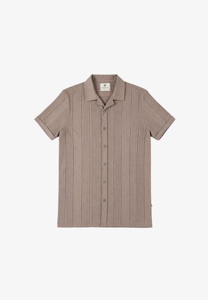 Short-sleeve beige button-up shirt with a folded collar and textured vertical stripes, laid flat on a white background.
