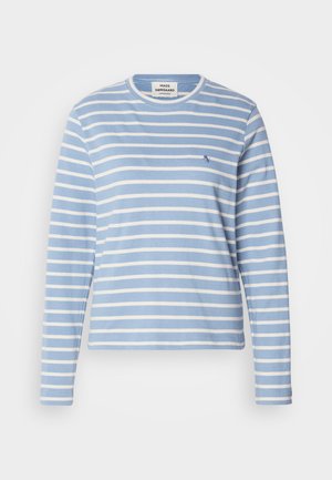Camicia a maniche lunghe a righe con una base azzurra chiara e righe bianche, colletto tondo e un piccolo logo navy sul lato sinistro del petto.