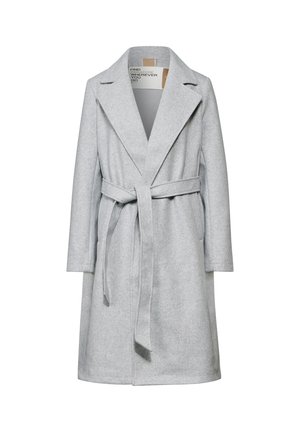 Manteau en laine mélangée gris clair avec larges revers, manches longues et ceinture à nouer à la taille. Il présente une coupe droite et des poches latérales.