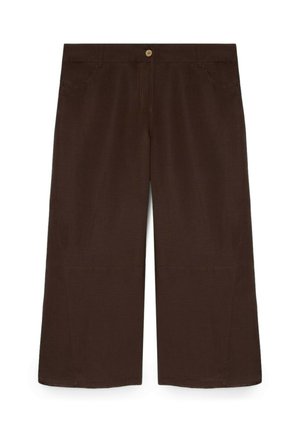 Braune, weit geschnittene, verkürzte Hose mit Knopfverschluss und Fronttaschen, flach auf weißem Hintergrund präsentiert.