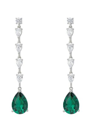 Dangle earrings featuring a silver-tone chain with alternating clear and green teardrop-shaped gemstones. Sparkling accents enhance the design.