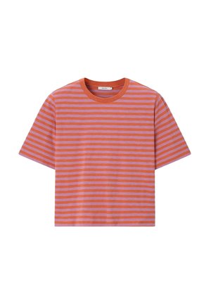 T-shirt met korte mouwen en ronde hals met horizontale oranje en roze strepen, normale pasvorm en een label aan de binnenkant van de achterhals.