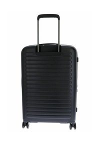 Valise rigide noire avec un design à stries horizontales, une poignée rétractable et quatre roues roulantes pour une mobilité facile.