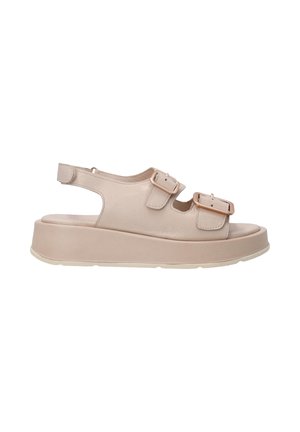 Beige platform sandaler med justerbare dobbelte spænder, åben tå-design og en glat læderoverflade. Tykt gummisål for komfort.
