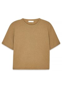 Trumpas rankovėmis, apvaliu kaklu megztinis šiltos tan spalvos. Pagamintas iš minkštos, tekstūruotos medžiagos, su laisvu siluetu ir raštuotu apdaila.