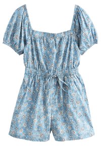 Mono corto con estampado floral en azul, escote cuadrado, mangas abullonadas, cintura elástica y detalle de cordón. Confeccionado en tela ligera.
