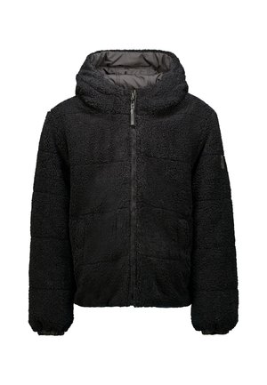 Zwarte fleecejas met volledige voorrits, capuchon, lange mouwen en twee voorzakken, afgebeeld op een witte achtergrond.