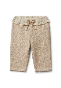 Béžové vzorované kalhoty po kotníky s řaseným elastickým pasem a šňůrkou, zdobené malými tečkovanými akcenty.