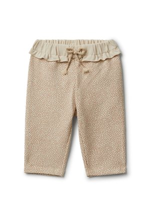 Beige gemusterte Knöchellange Hose mit einem rüschierten elastischen Bund und Kordelzug, die durchgehend mit kleinen gepunkteten Akzenten versehen ist.