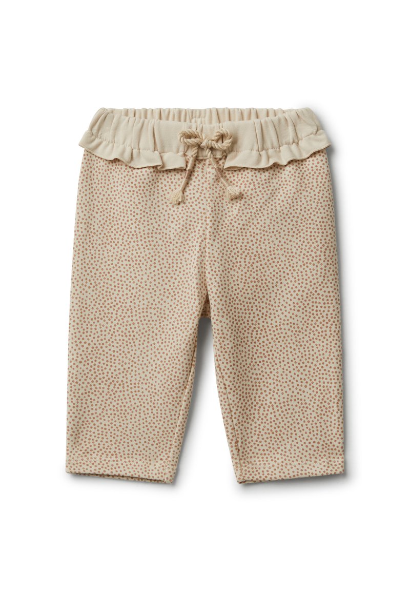 Béžové vzorované kalhoty po kotníky s řaseným elastickým pasem a šňůrkou, zdobené malými tečkovanými akcenty.