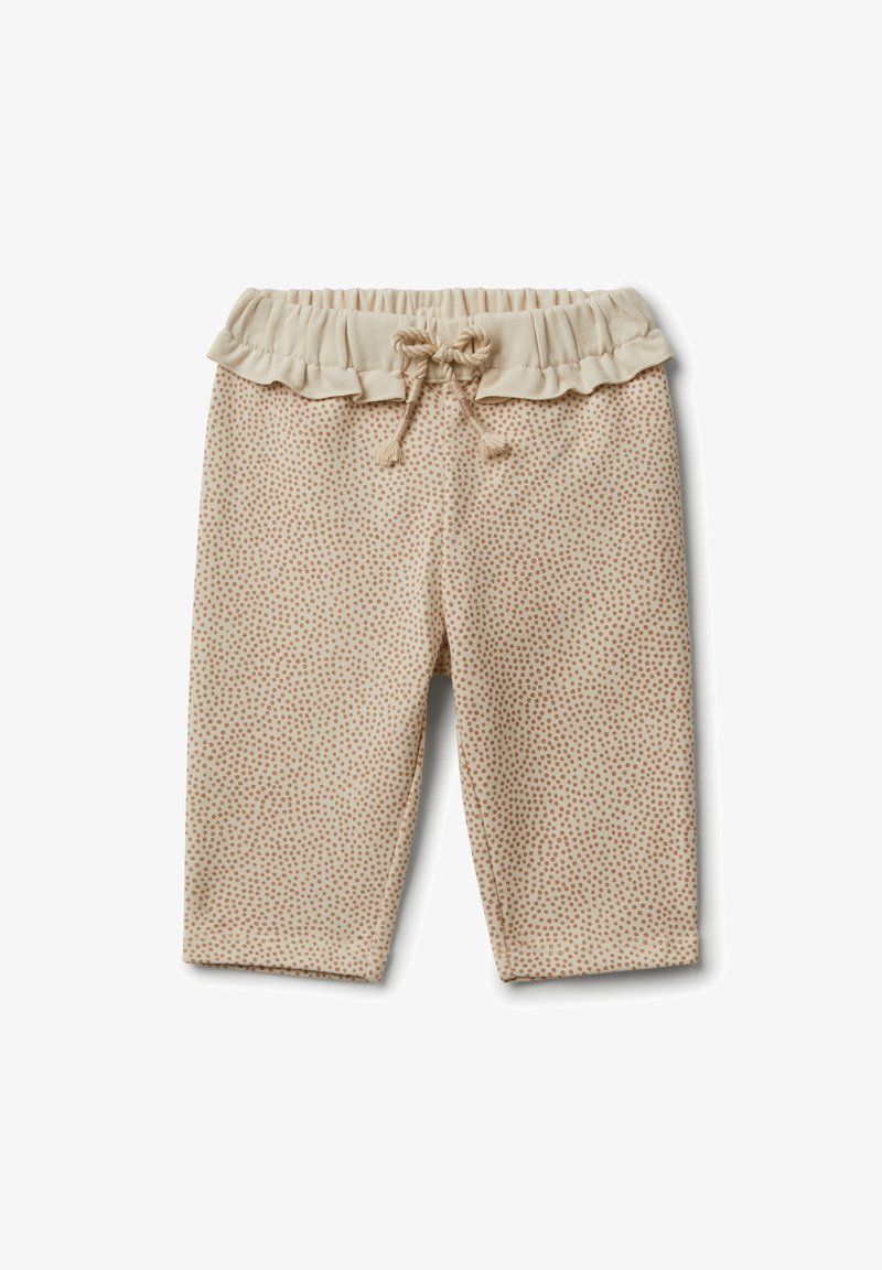 Beżowe spodni do kostek w wzór z falbaniastym elastycznym paskiem w talii i sznurkiem do regulacji, zdobione małymi kropkami.
