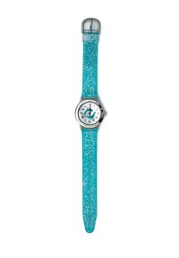 Une montre pour enfants avec un boîtier en argent, un cadran blanc, un bracelet en paillettes turquoise, et des aiguilles des heures et des minutes rouges.