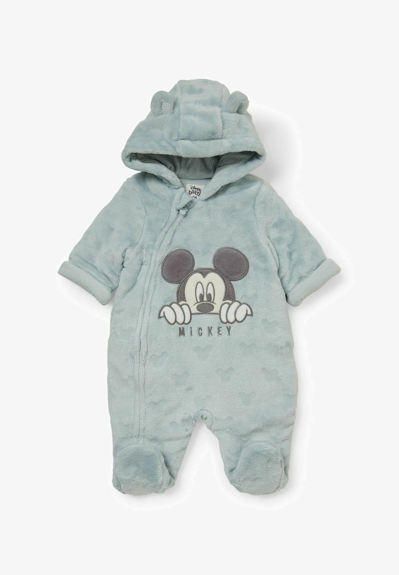 Body bleu doux pour bébé avec capuche et oreilles, avec visage et nom de Mickey Mouse brodés sur le devant, jambes avec pieds et manches longues.