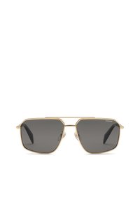 Lunettes de soleil à monture métallique dorée avec des verres rectangulaires foncés et un fin double pont, avec des extrémités de branches noires.