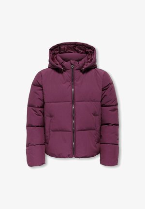 Paarse pufferjas met een capuchon, voorzien van een ritssluiting, twee frontzakken en een doorgestikte structuur. Gladde stof met een glanzende afwerking.
