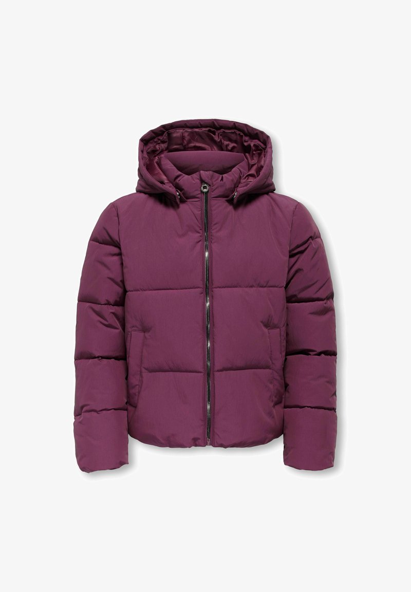 Chaqueta acolchada morada con capucha, que presenta un cierre de cremallera, dos bolsillos frontales y textura acolchada. Tela suave con un acabado brillante.