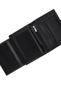 Black leather wallet featuring a zippered compartment, multiple card slots, and a smooth texture. Compact design with minimalist detailing.