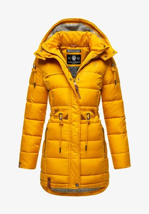 Gul pufferjakke med glidelås foran, justerbare midje-snorer og krage med kunstig pelsfôr. Har skinn-detaljer og glidelåslommer.