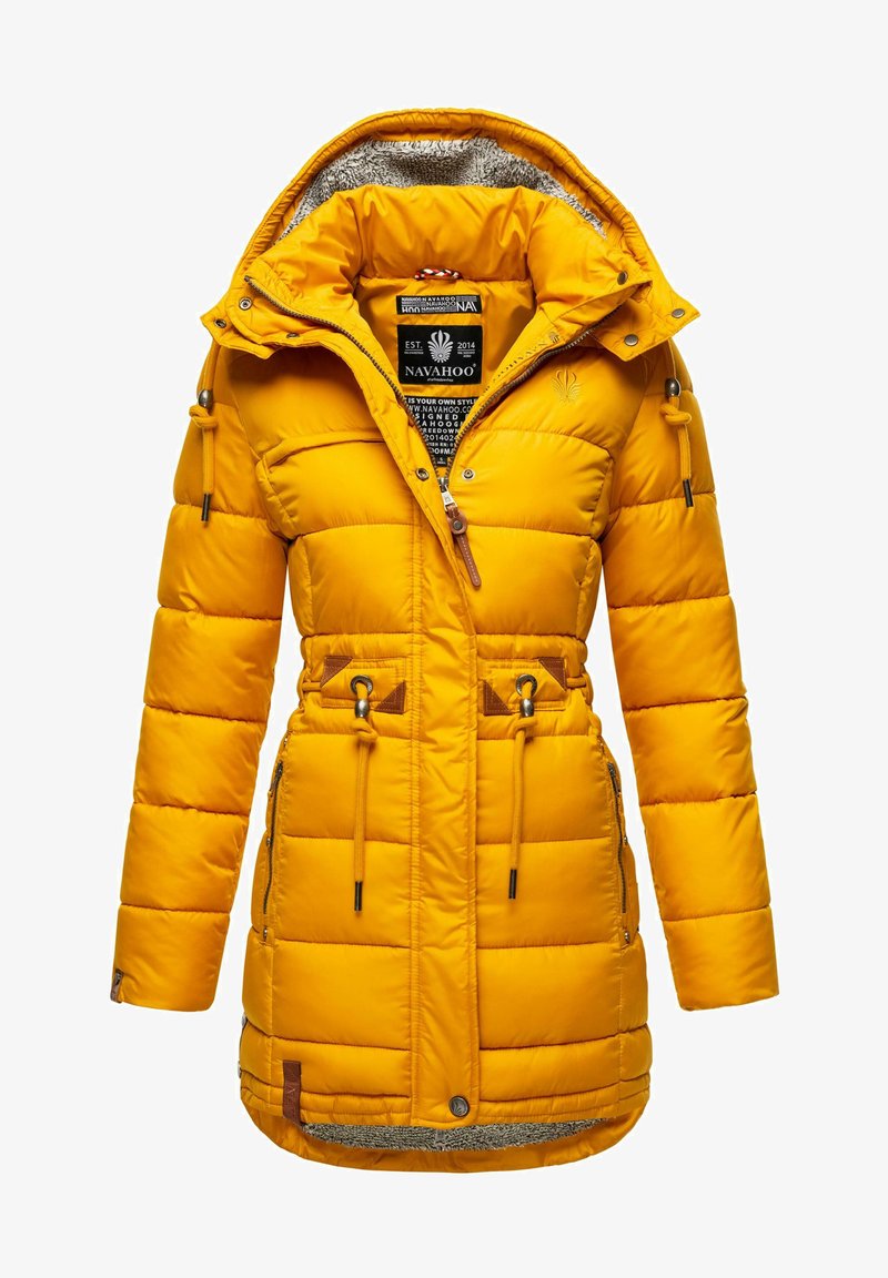 Gul pufferjakke med glidelås foran, justerbare midje-snorer og krage med kunstig pelsfôr. Har skinn-detaljer og glidelåslommer.